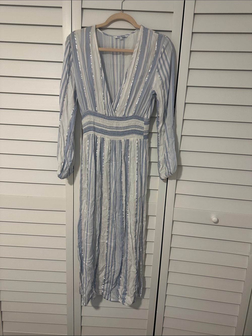 blue island Light Blue & White Vertical Stripe Long Sleeve Midi Dress